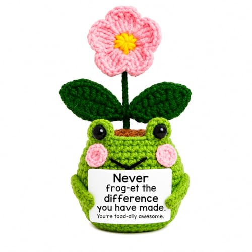 OBVOLO Häkelfrosch Blume Handarbeit Figur – Handgefertigte Strick Dekofigur mit Positivkarte – Häkel Frosch Deko für Zuhause Schreibtisch – Häkeln Stricken Handwerk Miniatur Geschenk