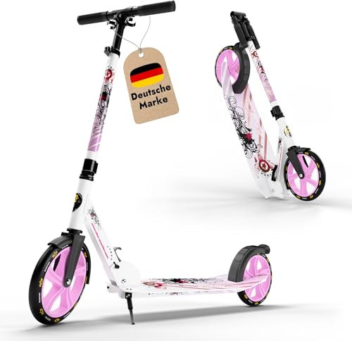 STAR SCOOTER Patinete Patineta Scooter Plegable XXL para niños y niñas a Partir de 6-7 años y Adultos para Ciudad | 205 mm Edición mas Ancha, con más Espacio para los pies | Blanco & Lila