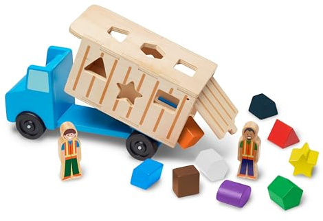 Melissa & Doug Shape-Sorting Dump Truck Wooden Toy with 9 Blocks and 2 Toy Figures - Montessori Toys and Toddler Toys for Preschool Learning Activities