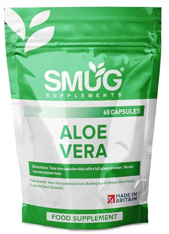SMUG Supplements Aloe Vera - 60 Capsules - High Strength Natural Herb to Support Colon Cleanse and Detox - Two-a-Day - Equivalent to 12000mg Leaf Juice - Made in Britain
