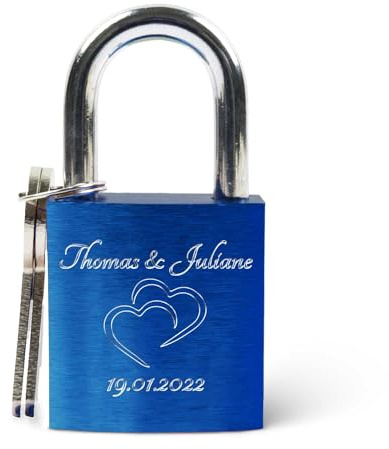 GRAVURZEILE Liebesschloss mit Gravur und Schlüssel - Personalisiertes Schloss - Personalisierte Geschenke für Ihn & Sie zum Valentinstag - Valentinstagsgeschenk für Frauen und Männer - Blau