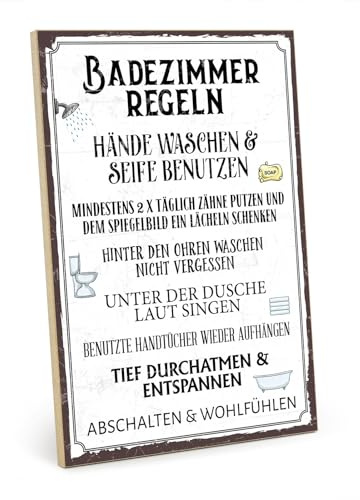 TypeStoff Holzschild mit Spruch – Badezimmer– im Vintage-Look mit Zitat als Geschenk und Dekoration zum Thema Badezimmer - HS-00448