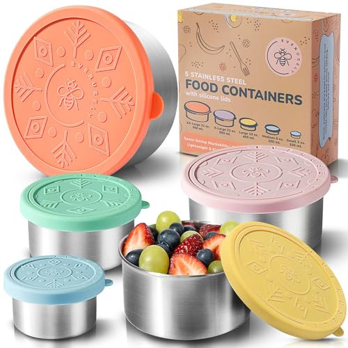 Everusely - Contenitori in acciaio inossidabile con coperchi - Set di 5, Collezione Bright - Contenitori per alimenti in acciaio inossidabile a tenuta stagna - Contenitori per snack impilabili