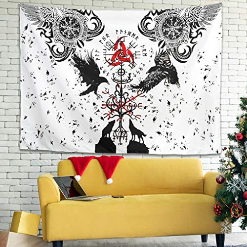 Firelife Tapisserie murale Viking Rune Corbeau - Tapisserie murale pour chambre à coucher, salon, plage, tapis de yoga - Blanc - 200 x 150 cm