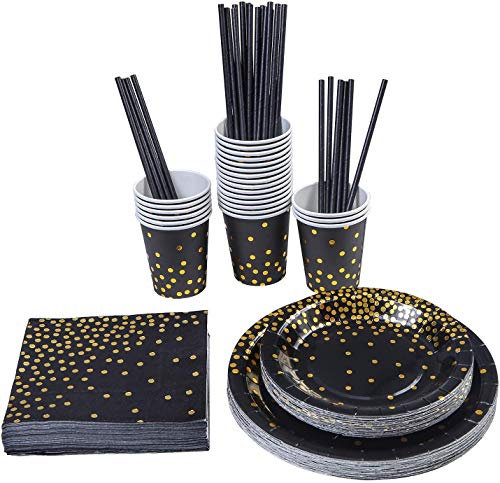 XIAOXIA 146 pièces Fournitures de fête Noir et Or, Ensemble de Vaisselle de fête jetable pour 24 invités Comprend des Assiettes en Papier, Une Serviette, des pailles en Papier