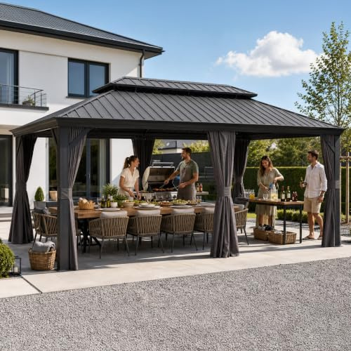 PURPLE LEAF Pavillon 3.65 x 6 m Entwässerungssystem Seitenteilen, Grau | Regenrinne, Sichtschutzvorhänge, Insektensicheres Netzgewebe, Verbreiterte Alu-Säule, Hardtop-Dach, Schneelast 1134 kg, Party