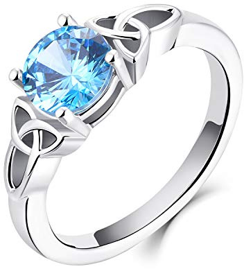 YL Keltischer Ring 925 Sterling Silber März Geburtsstein Aquamarinblau Zirkonia Solitaire Ring Verlobungs-Ehering für Brautfrauen Women(Größe 56）