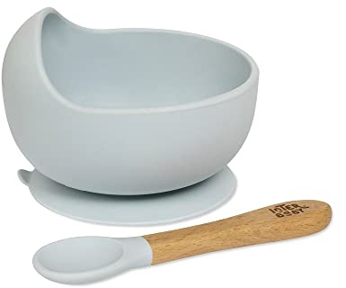Blå babyskål och sked av silikon