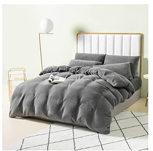 Single - Plain Teddy Fleece Duvet cover set - Matching Pillowcase - Charcoal color - Thermal warm & Cozy Super Soft Bedding Set