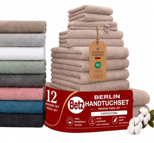 Betz Berlin Handtuch-Set 12-teilig – 100% Baumwolle – Oeko-TEX® Zertifiziert – extra saugfähig & weich – hohe Grammatur – Duschtücher, Handtücher, Gästetücher & Waschhandschuhe Farbe Cappuccino