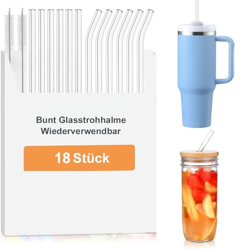 18 Stück 12inch glasstrohhalme lang für Stanley Adventure Quencher Tasse 40/30oz, 6 Lange Geraden Glasstrohhalme, 12 gebogenem Trinkhalme für Saft (mit 2 bürsten)
