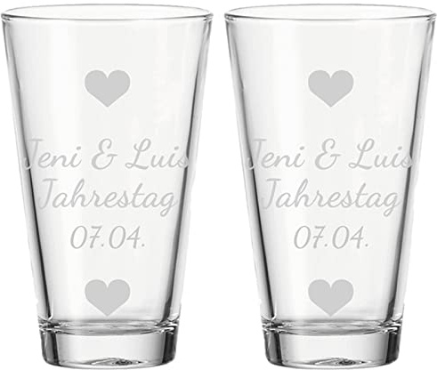 LUXENTU Trinkglas mit Gravur, Herzen gefüllt Motiv, 300 ml, 2 Stück | Personalisierte Softdrinkgläser für Hochzeiten, Hommage an die Liebe, Spülmaschinenfest