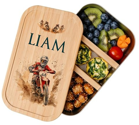 Manufaktur Liebevoll - Personalisierte Brotdose mit Fächern, Edelstahl Lunchbox mit Bambus Deckel u. Trenner, Nachhaltige Brotbüchse | Mädchen, Jungen | (Motiv Motorrad, Edelstahl | Größe M)