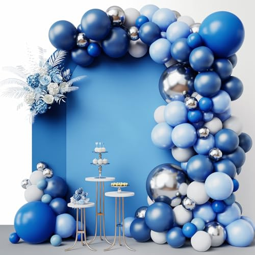 RUBFAC 144pcs Blue Balloons Arch Garland Kit, 18/12/10/5 Inch Blue White and Silver Party Balloons Silver Confetti Latex Balloons for Birthday Wedding Baby Shower Deorations