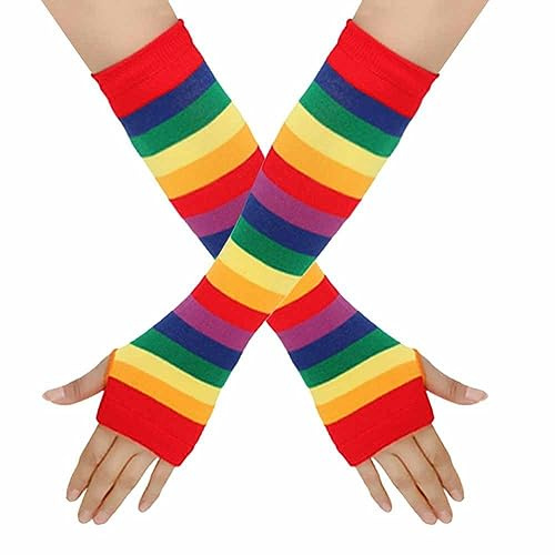 SHTGOI 2 Paar Regenbogen Handschuhe Gestreifte Fingerlose Handschuhe Lange Bunte Strickhandschuhe Sonnencreme Armmanschette Baumwolle Hohe Beinwärmer für Punk Rock Cosplay Weihnachtsfeier Rot