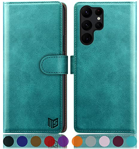 SUANPOT [RFID Schutz für Samsung Galaxy S24 Ultra Hülle PU Leder Handyhülle Lederhülle Klapphülle Kartenfach Flip Cover für Samsung S24 Ultra Handy hülle Leather Wallet Phone Case Blau Grün