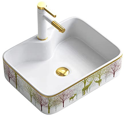 Lavabo vasque à poser Lavabo de salle de bain 15,9 x 11,8 pouces Lavabo rectangulaire plaqué or à motif décoratif Art décoratif au-dessus du comptoir de vanité Évier en céramique en porcelaine blanche
