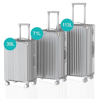 Voyagoux Kofferset 3 teilig - 39L,71L & 113L, Hartschalenkoffer Set, TSA-Schloss, ABS, 4X 360° Rollen, Robust und Leichtgewicht Suitcase, Silber