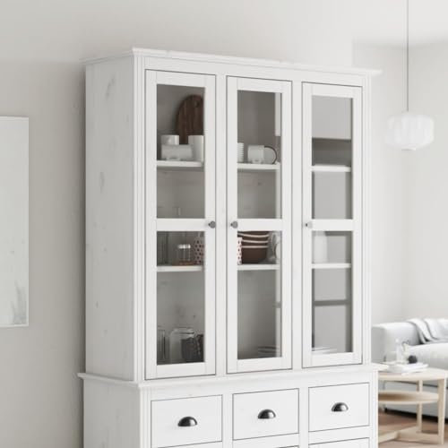 CIADAZ Vitrinenschrank mit Glastüren BODO Weiß Massivholz Kiefer, Vitrine, Schrank Regal, Sammlervitrine, Schmuckvitrine, Manga Regal