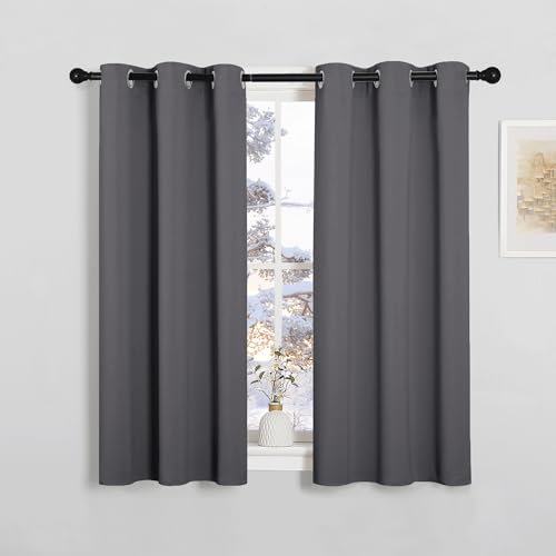 PONY DANCE Short Blackout Thermal Insulated Curtains for Bedroom Small Room Darkening Energy Saving Privacy Curtains & Drapes for Kitchen, W 34 x L 45, 2 Panels, Grey