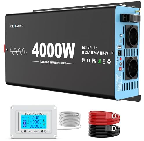 OLTEANP 4000W Inversor Onda Sinusoidal Pura 24V a 230V Convertidor De Voltaje del Coche con Pantalla LCD Mando a Distancia, 2 Tomas De Ca, USB y Puerto Tipo-C Inversor De Energía Solar para Caravana