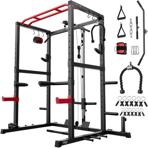 Sportsroyals Power Rack, gabbia multifunzione con sistema di puleggia LAT Pulldown, rack per squat con più accessori per allenamento per palestra domestica (rosso), capacità di peso 544,3 kg