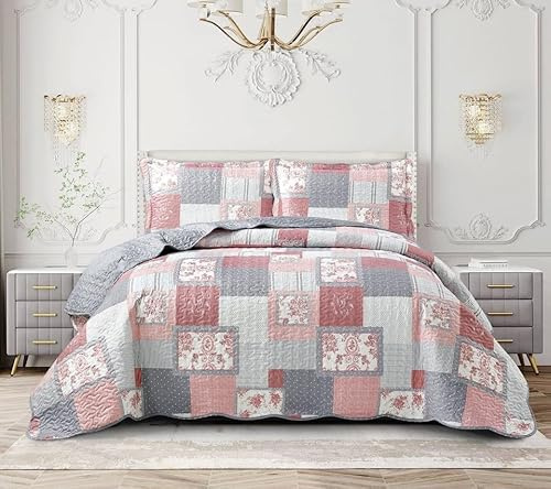 GonZalo GraCia. 3-Piece Printed Patchwork Quilted Bedspread | Reversible, Breathable & Hotel Quality Bed Spread | Coverlet Set with 100% Microfibre Double 250x250cm UK Size (Fine Decor, Double)
