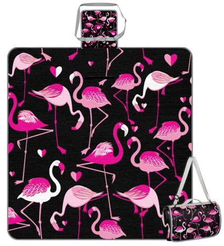 Mularoka Flamingo Picknickdecke mit Herzmotiv, wasserdicht, sanddicht, faltbar, Stranddecke, 150 x 145 cm, extra groß, tragbar, waschbar, Outdoor-Matte für Camping, Park, Gras, Wandern, Reisen