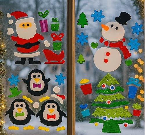 Adesivi per finestre di Natale in gel – 4 fogli di decorazioni festive per finestre, specchi, vetro – Adesivi statici riutilizzabili con Babbo Natale, pupazzo di neve, pinguino, albero