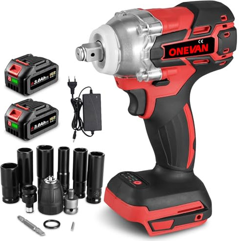 ONEVAN avvitatore a impulsi a batteria, 300 N.m chiave a percussione senza fili con 2 batteria da 3.0Ah e 6 bussole, 1/2 pistola a impulsi, senza spazzole, funzione avanti/indietro