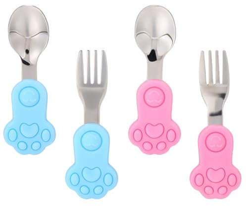 MERRYHAPY 4stücke Training Essbesteck Aus Silikon Und Edelstahl Kinderbesteck Für Kleinkinder Ergonomisches Design Teiliges Für Selbstständiges