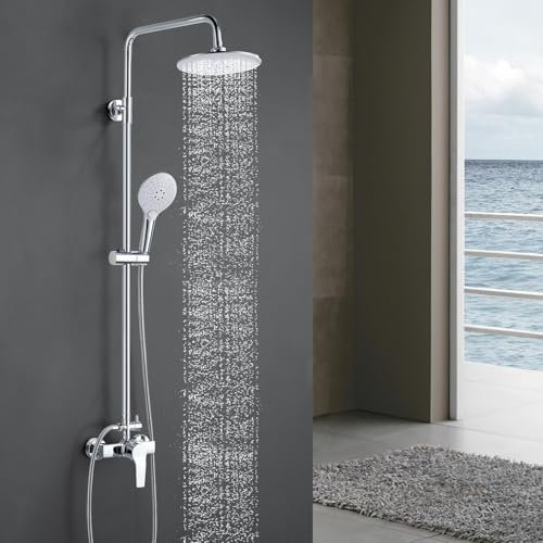 Coleniny Columna Ducha Altura Adjustable 110-145cm, Conjunto de Ducha Completo con Mezclador Ducha, Ducha Lluvia 8'', Ducha de Mano con 3 Tipos de Chorro, Sistema de Ducha Redondo Cromado