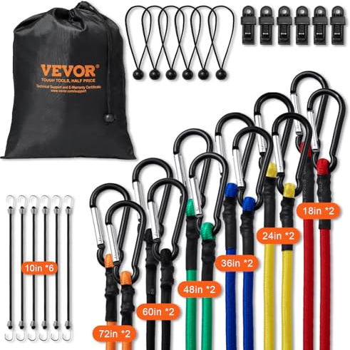 VEVOR Tendeur Élastique, Lot de 30, Cordes Élastiques Robustes, 0,25 m, 0,46 m, 0,6 m, 0,9 m, 1,2 m, 1,5 m, 1,8 m, Mousquetons Acier, Sac de Rangement, Clips, Attaches, pour Auvent, Cargaison, Camping