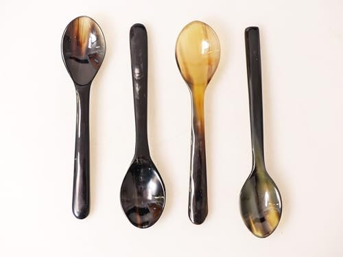 4 Stück Madagaskar Horn Eierlöffel gerader Griff leicht gemasert 1A Qualität = 13 cm, Hornlöffel Natur Löffel aus echt Horn Servierlöffel Öko Handarbeit nachhaltig Büffelhorn Fair Handel Madagaskar