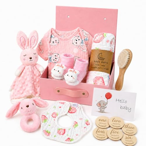 Auoketuo Set de regalo para recién nacidos – 15 piezas: manta, body, mordedor, cepillo de madera, tarjetas de hitos, babero, calcetines antideslizantes, caja de recuerdos y tarjeta de felicitación.