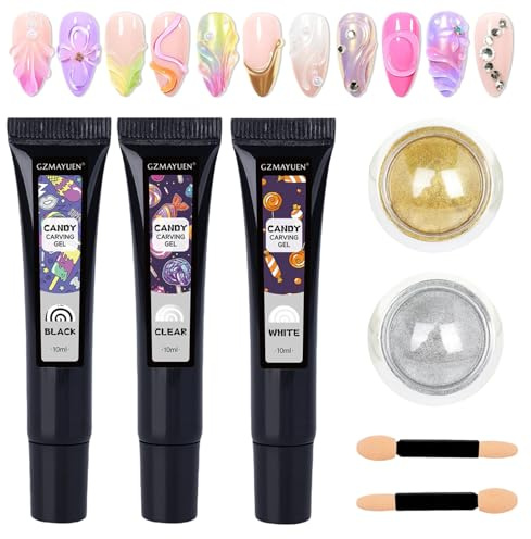 GZMAYUEN Gel 3D Nail Art et Poudre Chrome Ongle Set, 3pcs Blanc Ttransparent Nnoir Pour Ongles, 2ps Or Argent Chrome Ongle, Nail Art Gel 3D Sculpture d'Ongles Colle à Ongles