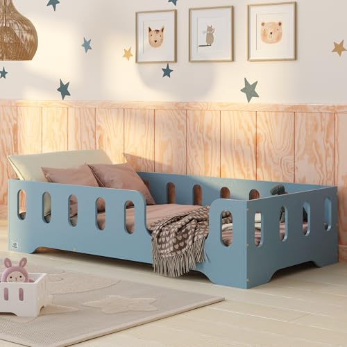 smartwood Bodenbett 90x200 cm mit Rausfallschutz, Holz, Blau, TILA 2P | Montessori Kinderbett, Lattenrost belastbar bis 230 kg, FSC-Zertifikat, abgerundete Kanten, Einfache Montage, ab 3 Jahren