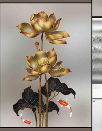 Fensterfolie Blickdicht 60X120CM Goldener Lotus Sichtschutzfolie Fenster von Aussen Anti-Uv,Fenster Folie Blickschutz für Badezimmer, Duschkabine Sowie Türen, Umkleide