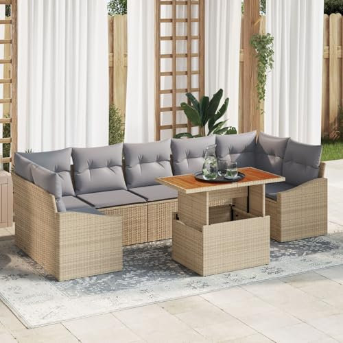 vidaXL Garten Essgruppe mit Kissen mit Kissen 8 pcs Beige und Grau, Garten und Terrasse, modernes Outdoor-Möbel Set, wetterfester Rattan-Sofa, leichtes modulares Patioset