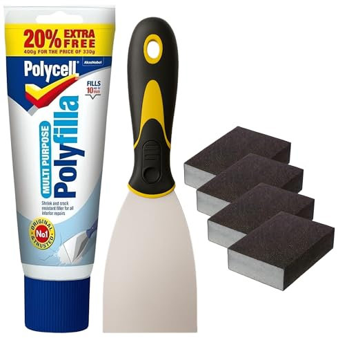 Polycell Wall Repair Bundle with Polyfilla Ready Mixed Wall Filler, Amara 3-inch Paint Scraper & 4 pieces Sanding Block Set – Ideal for Plaster & Wood Repairs