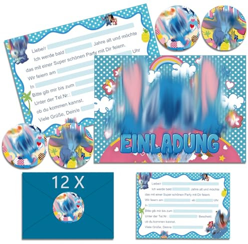 Hangsky 12x Stich Einladungskarten Kindergeburtstag Mädchen mit Umschlag Deutsch, Geburtstagseinladungen Mädchen, Cartoon Einladungskarten Geburtstag Set für Themed Party (A6) (A)