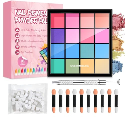 SHOPPGO Nagelpigmentpulver 16 Farben, Chrompulver für Nägel, Chrom Nagelpulver Set enthält 50 Nagelschwamm, 10 Schwammstab, Nagelwerkzeuge, geeignet für Nagelkunst-Design