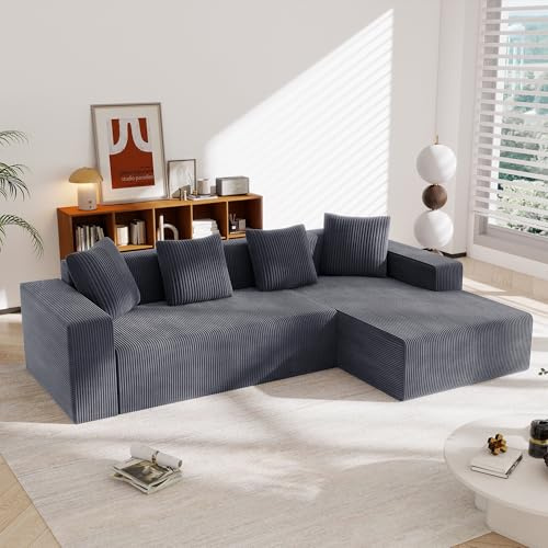 A ALFRESCOOL Ecksofa mit Schlaffunktion - Big Sofa 3 Sitzer für Wohnzimmer, L Form Couch, Modulares Schlafsofa, Moderne Schlafcouch, Eckcouch mit 4 Kissen, 274 x 102 cm, Grau