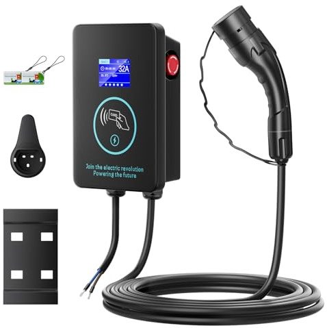 EV Caricabatterie Tipo 2 Wallbox,Caricabatteria da auto, Caricatore portatile e mantenimento della batteria completamente automatico, Batteria di ricarica singola con schermo 5m 7kw