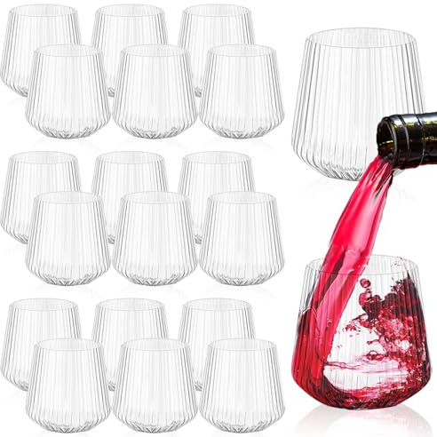 Exquilnova 20PCS 400ml Plastic Wine Glasses,14oz Stemless Wine Glass for Champagne,Cocktail,Drinks,Ribbed Clear Plastic Cups for Home,Picnics,Camping,Parties,Celebration