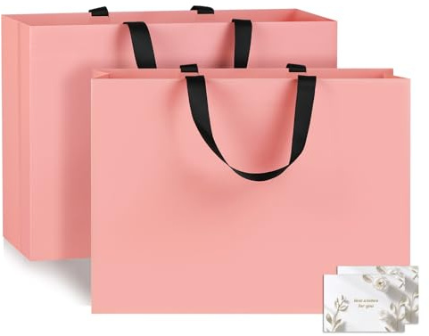 NAHRMY 2 Stück Extra Große Geschenktüte mit Henkel Rosa 43 x 32 x 13 cm, Geschenktüte Groß Papiertüten mit Grußkarten für Geburtstag Hochzeit Weihnachten Party Feier