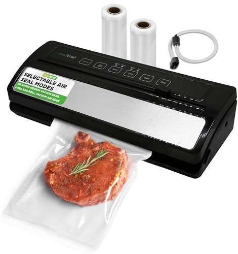 NutriChef Food Vacuum Sealer Machine, Stainless Steel & ABS Body, Automatic Sealing System for Dry and Moist Foods, LED Touch Controls, Includes Bags, Hose & Roll Cutter, 110W Suction Power, 14x6