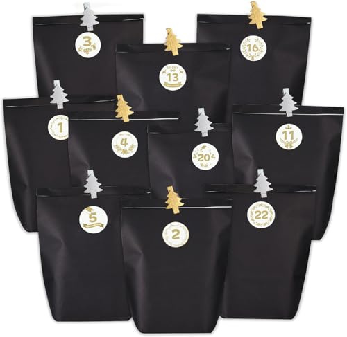 MURISE Adventskalender zum Befüllen, Weihnachtskalender zum Selber Befüllen, 24 Geschenktüten und Zahlenaufklebern zum Basteln und Verschenken, Weihnachten & Advent (Schwarz)