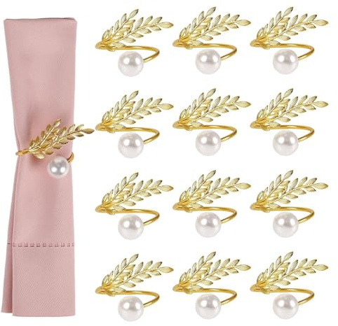 12 Stück Serviettenringe Gold, Elegante mit Perle & Weizenähren Design, Serviettenringe Weihnachten, Servietten Schnallen für Hochzeit Weihnachten, Metall Serviettenhalter für eine festliche Tischdeko