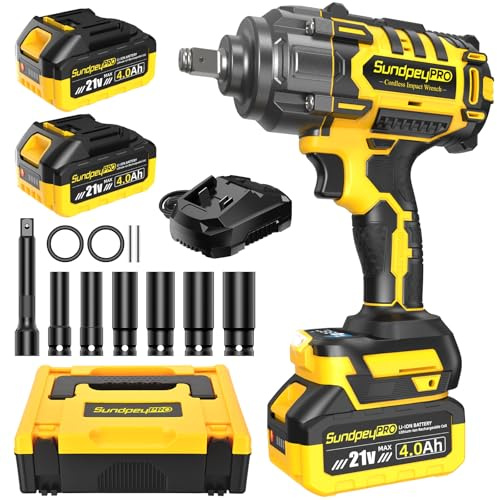 Llave de Impacto Inalámbrica 1300Nm, Pistola de Impacto Bateria 1/2 con 2 Baterías 4.0Ah, Motor Brushless, 3 Velocidades + Modo RSS, Maletín y 6 Enchufes, para Mecánica, Construcción & Bricolaje